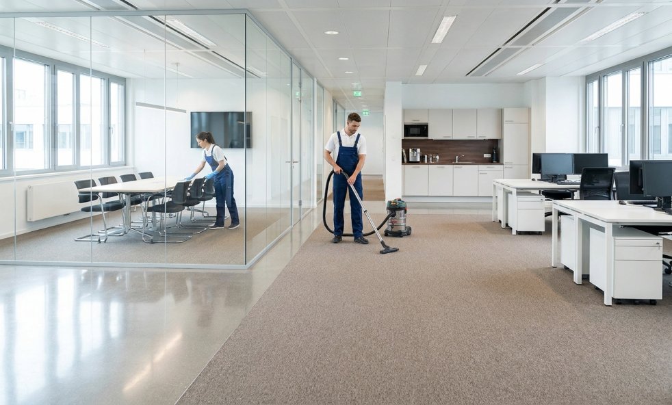 Office cleaners vacuuming and wiping desks in a modern open-plan office and conference room