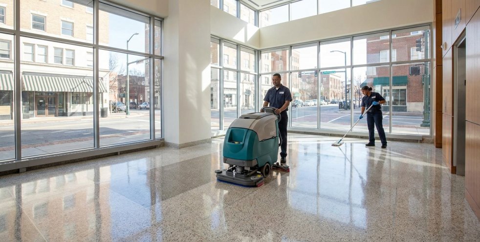 Commercial cleaners polishing floors in a bright lobby with a floor scrubber and mop