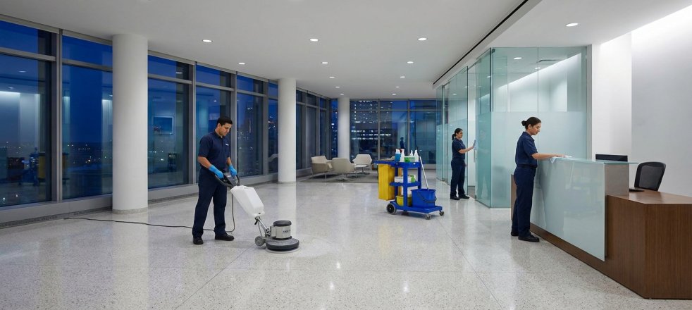 Janitorial team cleaning a modern office lobby with floor buffer and supply cart at night