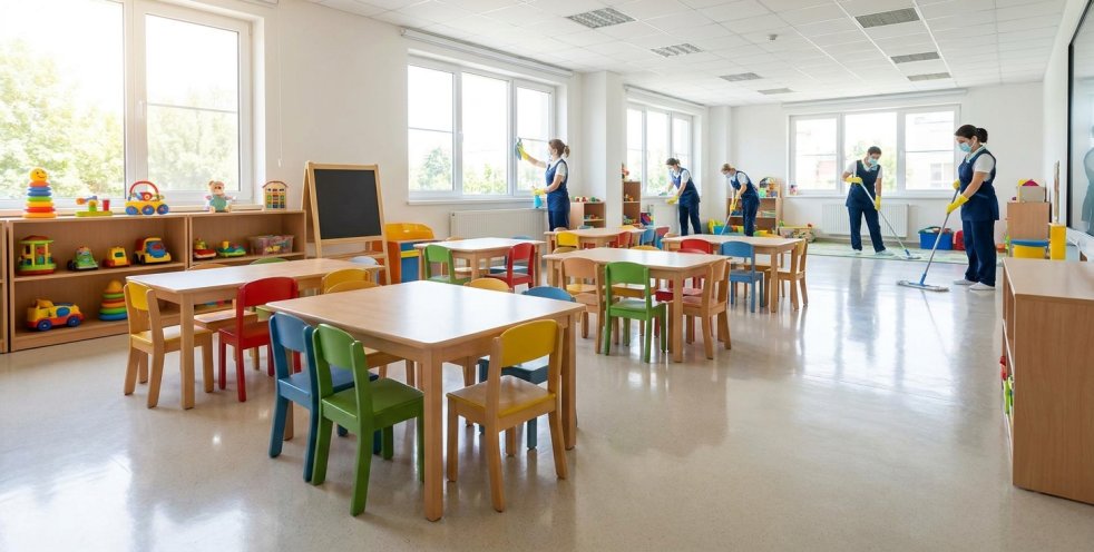 Cleaning crew disinfecting a daycare classroom with tables, chairs, toys, and large windows