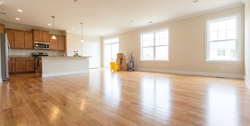 Bright empty home interior with kitchen, moving boxes, vacuum, and cleaning supplies ready for move-in cleaning