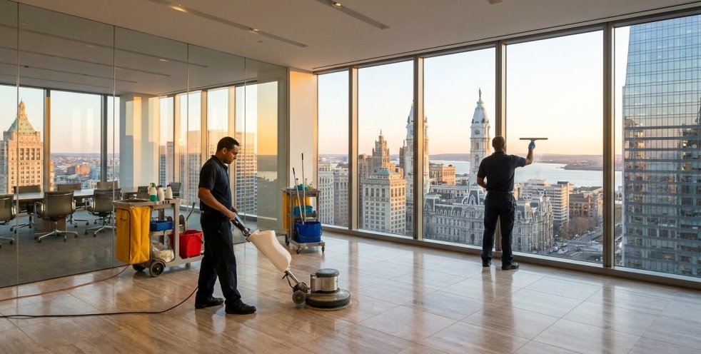 Janitorial crew cleaning a high-rise office with city skyline views