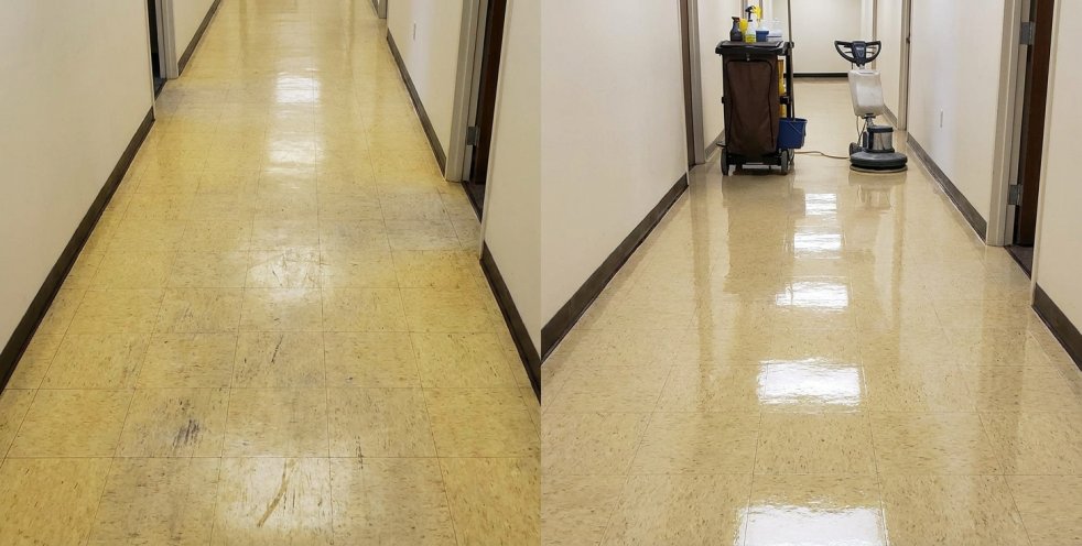 Commercial hallway floor with yellowed wax buildup beside a restored glossy section and cleaning equipment