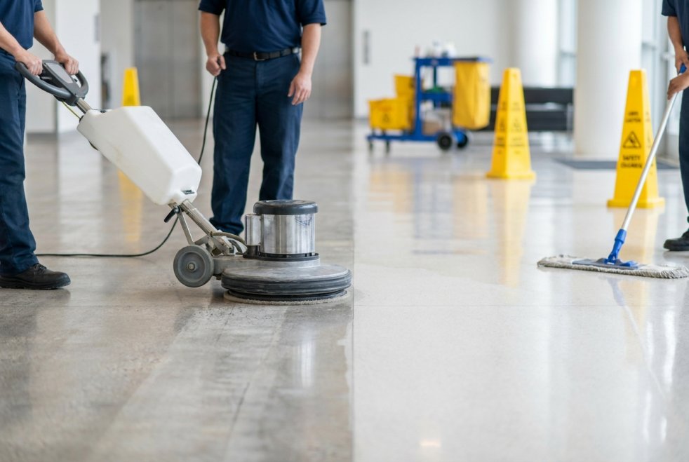 Janitorial workers stripping and waxing a polished commercial floor with cleaning equipment and warning signs