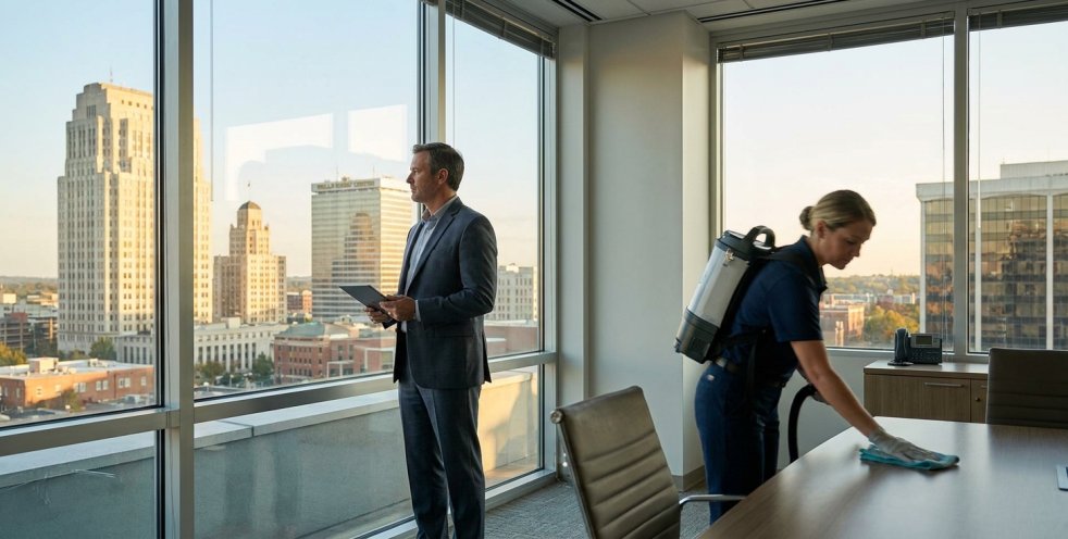 Office cleaner disinfecting a conference table while a business owner looks over the Winston-Salem skyline