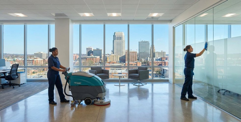 Cleaners in a modern Winston-Salem office scrub glass walls and operate a floor scrubber with skyline behind