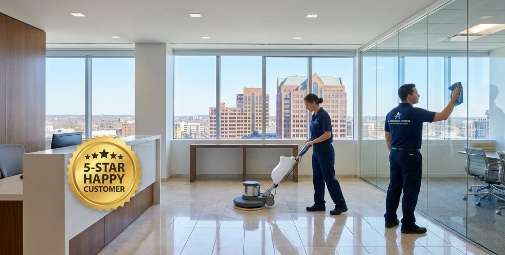 Commercial cleaning crew cleaning a modern Winston-Salem office with city skyline view