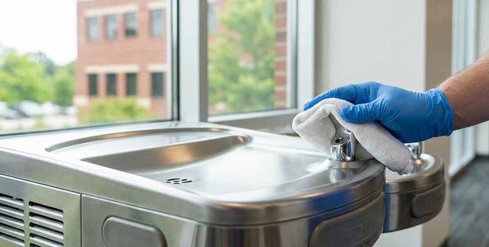 Gloved cleaner disinfecting a stainless steel water fountain in a bright office building