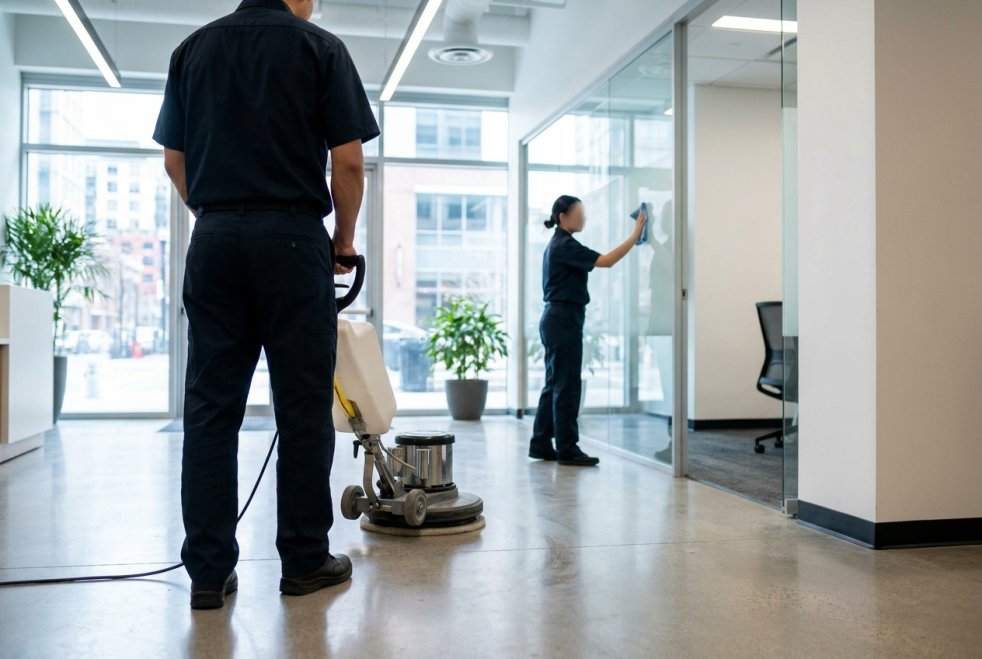 Janitorial crew cleaning office lobby, polishing floors and wiping glass in a modern commercial building