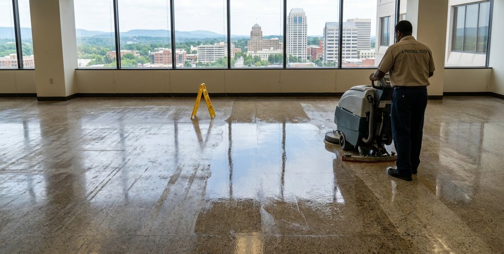 Commercial cleaner waxing a dull office floor with Winston-Salem skyline visible through large windows