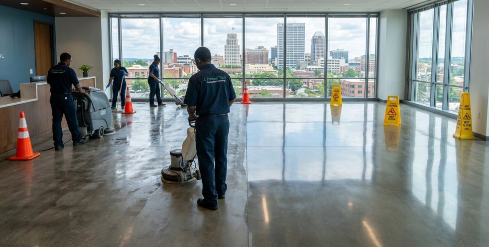 Commercial cleaners stripping and waxing a polished office floor with Winston-Salem skyline in the background