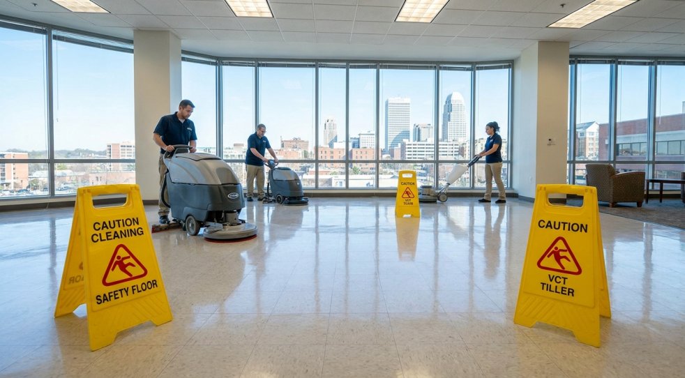 Commercial cleaning crew stripping and waxing a glossy office floor with Winston-Salem skyline in the background