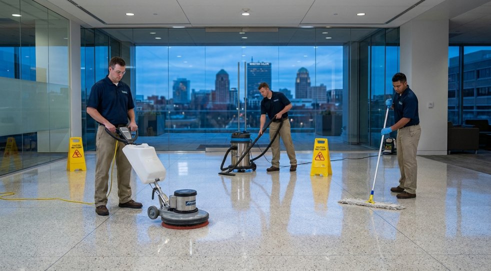 Commercial cleaners stripping and waxing a glossy office floor with a city skyline backdrop
