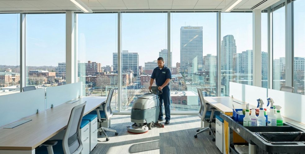 Janitorial worker cleaning a modern office with city skyline views and supplies in Winston-Salem