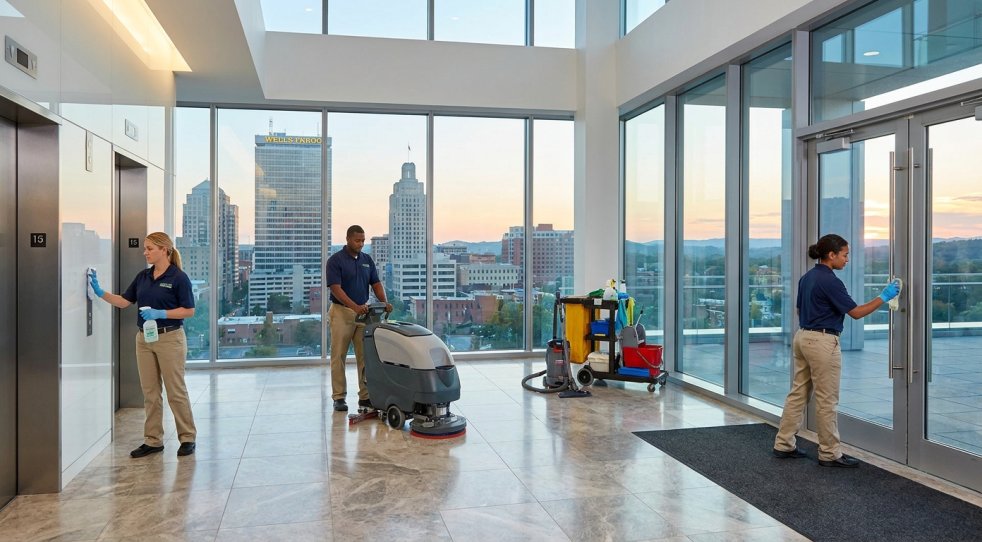 Janitorial team cleaning a modern office lobby with skyline views in downtown Winston-Salem